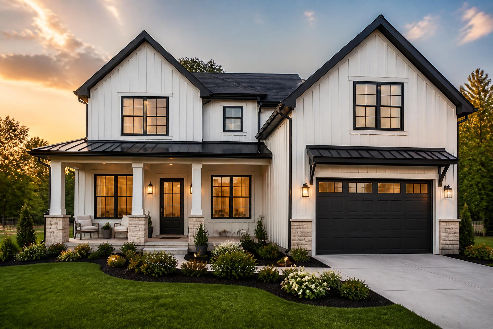 Freshly painted modern home exterior with white siding and charcoal trim